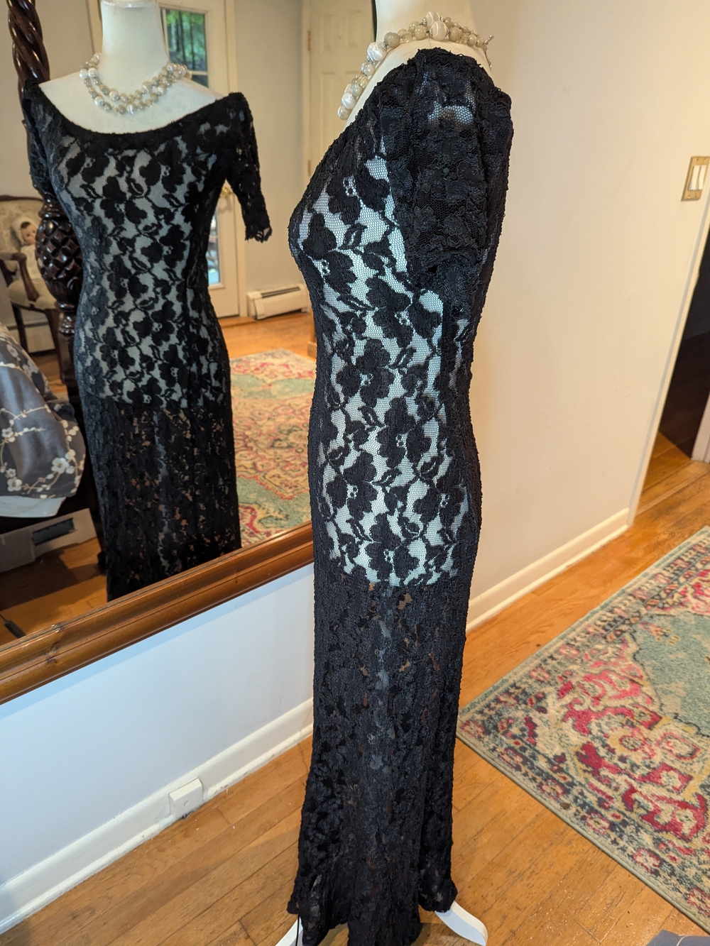 Betsey Johnson Vintage 90 Black lack Stretch Sheer Lace Maxi Dress - Picture 4 of 12